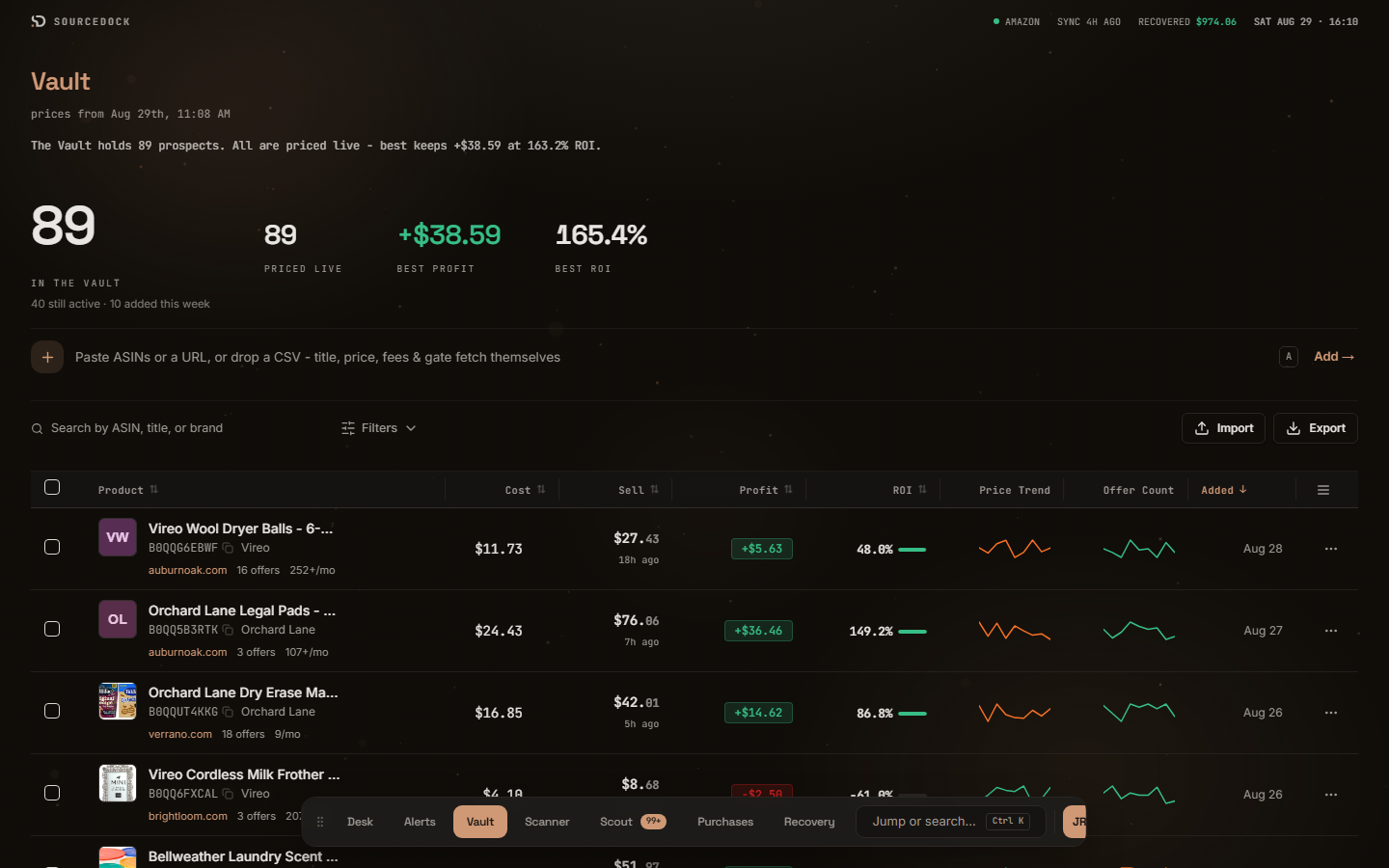 Product research and scouting in SourceDock: Vault with live pricing, fees, and ROI on researched ASINs